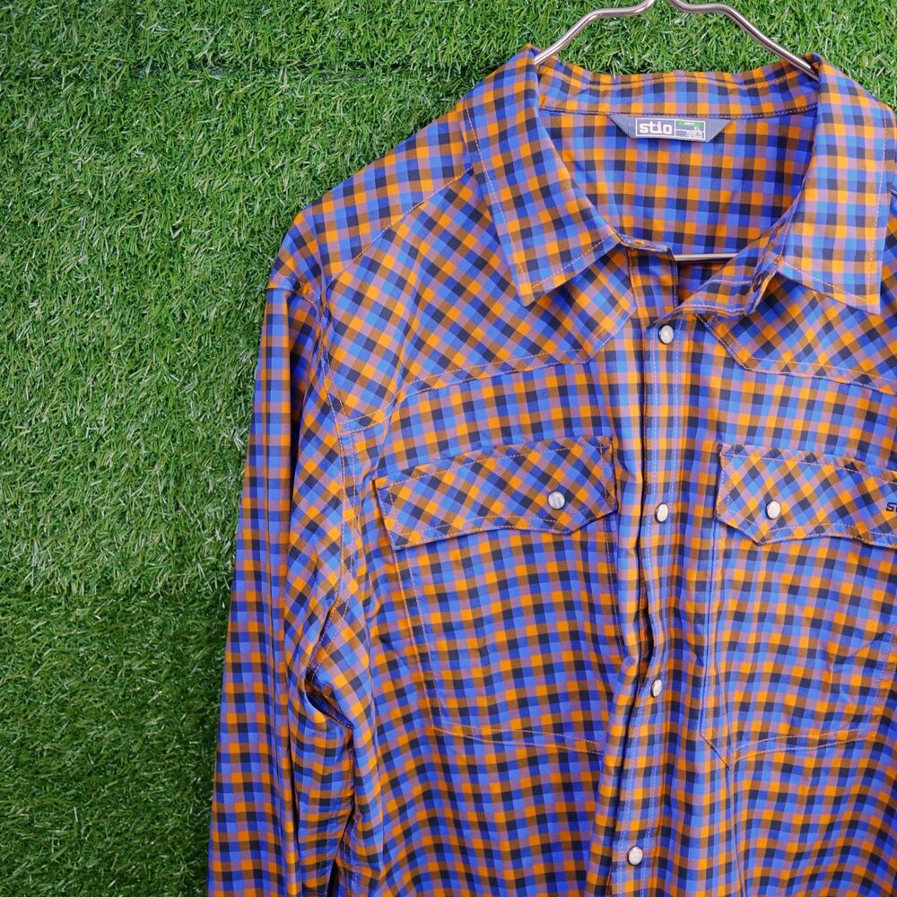 Stio Eddy Plaid Pearl Snap Performance Shirt Orange Blue - Men's Size XL